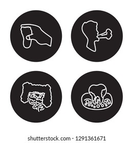 4 linear vector icon set : Otitis, Osteoarthritis, Osteoporosis, Obesity isolated on black background, Otitis, Osteoarthritis, Osteoporosis, Obesity outline icons