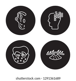 4 Linear Vector Icon Set : Anotia, Allergy, Alzheimer's Disease, Abscess Isolated On Black Background, Anotia, Allergy, Alzheimer's Disease, Abscess Outline Icons