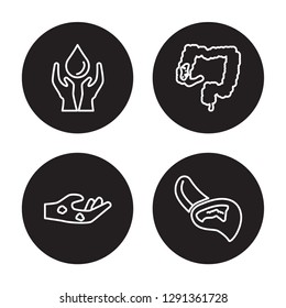 4 linear vector icon set : Dehydration, Cowpox, Crohn's Disease, Coronary heart disease isolated on black background, Dehydration, Cowpox, Crohn's Disease, Coronary heart disease outline icons