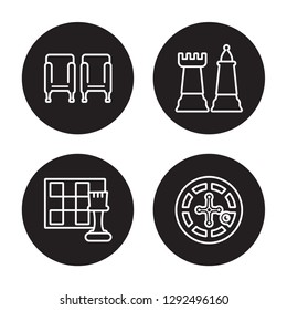 4 linear vector icon set : Cinema seat, Chess, Chess piece, Casino isolated on black background, Cinema seat, Chess, Chess piece, Casino outline icons