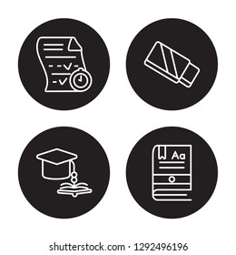 4 linear vector icon set : Exam, Education, Eraser, Ebook isolated on black background, Exam, Education, Eraser icons