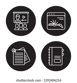 4 linear vector icon set : Online class, Notes, Online, Notebook isolated on black background, Online class, Notes, Online, Notebook outline icons