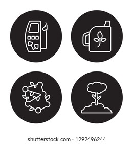 4 linear vector icon set : Biofuel, Bio, Biodiesel, Ecology isolated on black background, Biofuel, Bio, Biodiesel, Ecology outline icons