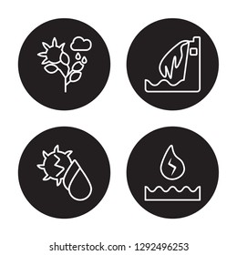 4 linear vector icon set : Nature, Hydro power, Hydroelectric power station isolated on black background, Nature, Hydro power, Hydroelectric power station outline icons