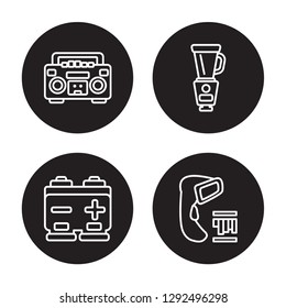 4 linear vector icon set : Boombox, Battery, Blender, Barcode scanner isolated on black background, Boombox, Battery, Blender, Barcode scanner outline icons