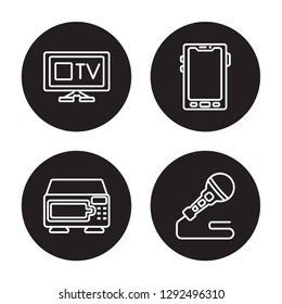4 linear vector icon set : Monitor, Microwave, Mobile phone, Microphone isolated on black background, Monitor, Microwave, Mobile phone, Microphone outline icons