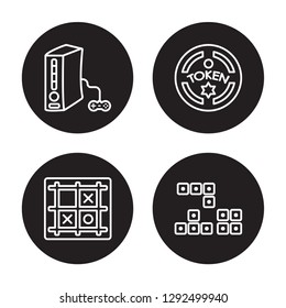 4 linear vector icon set : Token, Theater, Tic tac toe, Tamagotchi isolated on black background, Token, Theater, Tic tac toe, Tamagotchi outline icons