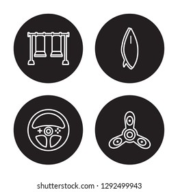 4 linear vector icon set : Swing, Steering wheel, Surfboard, Spinner isolated on black background, Swing, Steering wheel, Surfboard, Spinner outline icons