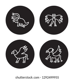 4 linear vector icon set : Hydra, Gryphon, Harpy, Griffin isolated on black background, Hydra, Gryphon, Harpy, Griffin outline icons