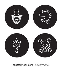 4 linear vector icon set : Leprechaun, Karakasakozou, Knight, Jolly roger isolated on black background, Leprechaun, Karakasakozou, Knight, Jolly roger outline icons