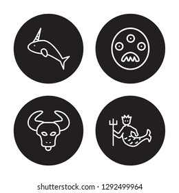 4 linear vector icon set : Narwhal, Minotaur, Monster, Merman isolated on black background, Narwhal, Minotaur, Monster, Merman outline icons