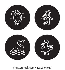 4 linear vector icon set : Magic mirror, Loch ness monster, Madre monte isolated on black background, Magic mirror, Loch ness monster, Madre monte outline icons