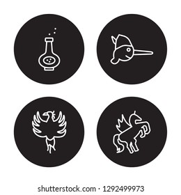 4 linear vector icon set : Potion, Phoenix, Pinocchio, Pegasus isolated on black background, Potion, Phoenix, Pinocchio, Pegasus outline icons