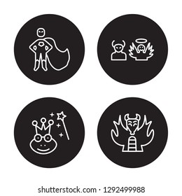 4 linear vector icon set : hero, enchantment, antagonist, myth isolated on black background, hero, enchantment, antagonist, myth outline icons
