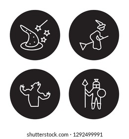 4 linear vector icon set : Wizard, Werewolf, Witch, Warrior isolated on black background, Wizard, Werewolf, Witch, Warrior outline icons