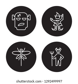 4 linear vector icon set : Frankenstein, Dragonfly, Elf, Devil isolated on black background, Frankenstein, Dragonfly, Elf, Devil outline icons