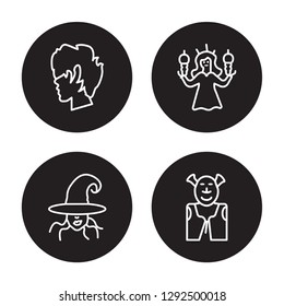 4 linear vector icon set : protagonist, wicked, damsel, ogre isolated on black background, protagonist, wicked, damsel, ogre outline icons