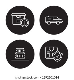 4 linear vector icon set : Delivery Info, delivery containers, Delivery by car isolated on black background, 