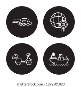 4 linear vector icon set : express delivery, scooter delivery, worldwide delivery isolated on black background, 