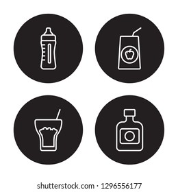 4 linear vector icon set : Baby bottle, Alcoholic drink, Apple juice, Absinthe isolated on black background, Baby bottle, Alcoholic drink, Apple juice, Absinthe outline icons