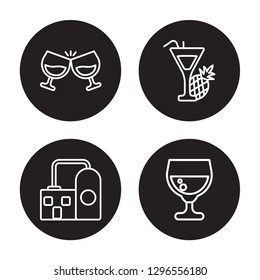 4 linear vector icon set : Brindis with wine glasses, Brewery, Flirtini, Brandy glass isolated on black background, Brindis with wine glasses, Brewery, Flirtini, Brandy glass outline icons