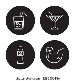 4 linear vector icon set : Cuba libre, coke, Cosmopolitan, Coconut drink isolated on black background, Cuba libre, coke, Cosmopolitan, Coconut drink outline icons