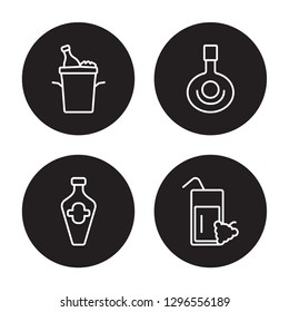 4 linear vector icon set : Ice bucket and bottle, Gin, Herbal liquor, Fruit juice isolated on black background, Ice bucket and bottle, Gin, Herbal liquor, Fruit juice outline icons
