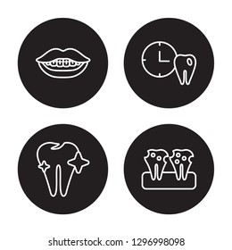 4 linear vector icon set : Dental Brackets, Dental, Dental Appointment, Decay isolated on black background, 