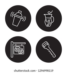 4 linear vector icon set : Shaker, Pub, Sangria, Opener isolated on black background, Shaker, Pub, Sangria, Opener outline icons