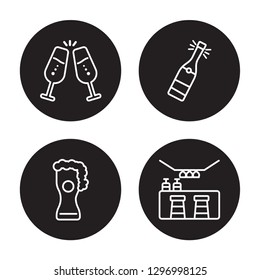 4 linear vector icon set : Cheers, Beer, Champagne, Bar isolated on black background, Cheers, Beer, Champagne, Bar outline icons