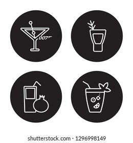 4 linear vector icon set : 007 Martini, Pomegranate Martini, Greyhound drink, Caipiroska isolated on black background, 007 Martini, Pomegranate Martini, Greyhound drink, Caipiroska outline icons