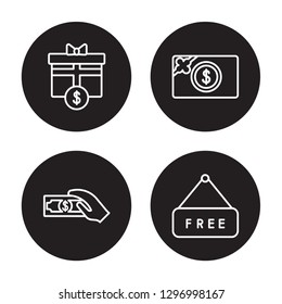 4 linear vector icon set : Giftbox, Get money, Gift card, Free isolated on black background, Giftbox, Get money, Gift card, Free outline icons