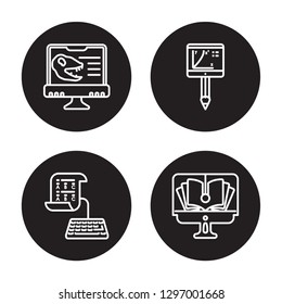 4 linear vector icon set : Paleontology, Online test, online training, Online library isolated on black background, 