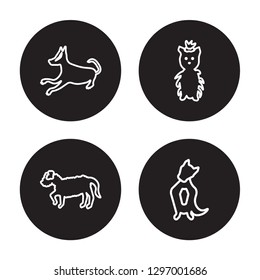 4 linear vector icon set : Basset Hound dog, Barbet dog, Basenji dog isolated on black background, 