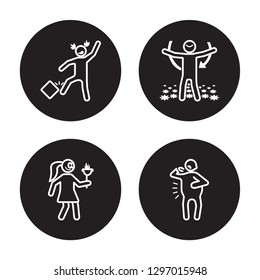 4 linear vector icon set : free human, fantastic human, fat human, exhausted human isolated on black background, 