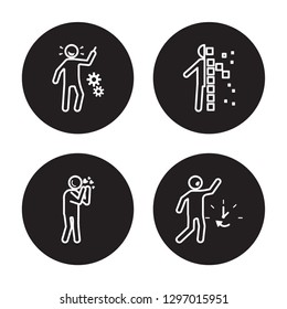 4 linear vector icon set : incomplete human, impatient human, in love human, hurt human isolated on black background, 