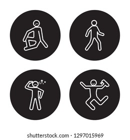 4 linear vector icon set : alone human, aggravated human, alive human, accomplished human isolated on black background,
