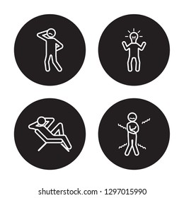 4 linear vector icon set : confident human, cold human, comfortable human, chill human isolated on black background,