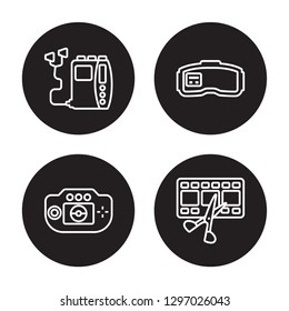 4 linear vector icon set : Virtual reality glasses, Video editing, Video game isolated on black background, Virtual reality glasses, Video editing, Video game outline icons