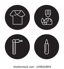 4 linear vector icon set : Patient robe, Otoscope, Veterinary, Ampoule isolated on black background, Patient robe, Otoscope, Veterinary, Ampoule outline icons