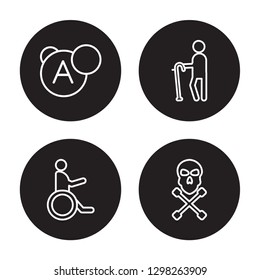 4 linear vector icon set : vitamin, Non ionizing radiation, Walking stick, Poisonous isolated on black background, vitamin, Non ionizing radiation, Walking stick, Poisonous outline icons