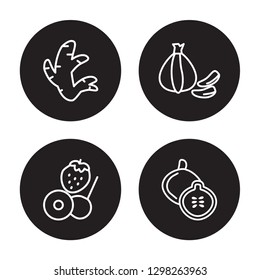 4 linear vector icon set : Ginger, Fruit, Garlic, Fig isolated on black background, Ginger, Fruit, Garlic, Fig outline icons