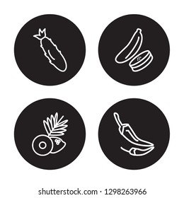 4 linear vector icon set : Cucumber, Coconut, Courgette, Chili isolated on black background, Cucumber, Coconut, Courgette, Chili outline icons