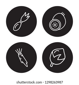 4 linear vector icon set : Leek, Horseradish, Kiwi, Hazelnut isolated on black background, Leek, Horseradish, Kiwi, Hazelnut outline icons