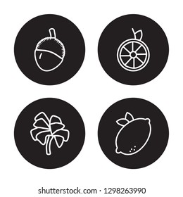 4 linear vector icon set : Lychee, Lettuce, Lime, Lemon isolated on black background, Lychee, Lettuce, Lime, Lemon outline icons