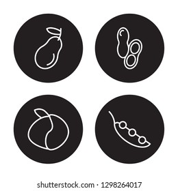 4 linear vector icon set : Pear, Peach, Peanut, Pea isolated on black background, Pear, Peach, Peanut, Pea outline icons