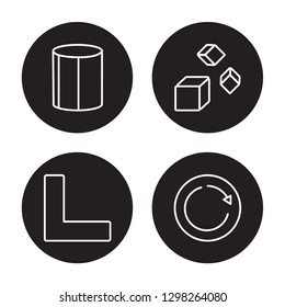 4 linear vector icon set : Cylinder, Corner, Cubes, Circle isolated on black background, Cylinder, Corner, Cubes, Circle outline icons