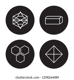 4 linear vector icon set : Icosahedron, Hexagon, Hexahedron, Geometry isolated on black background, Icosahedron, Hexagon, Hexahedron, Geometry outline icons