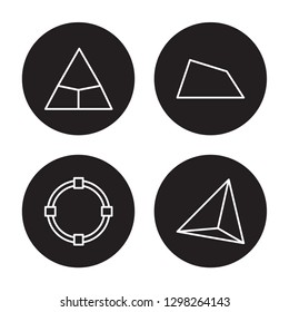 4 linear vector icon set : Triangle, Transform, Trapezium, Tetrahedron isolated on black background, Triangle, Transform, Trapezium, Tetrahedron outline icons