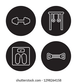 4 linear vector icon set : Dumbbell, Diet, Gymnastic Rings, Chest expander isolated on black background, Dumbbell, Diet, Gymnastic Rings, Chest expander outline icons